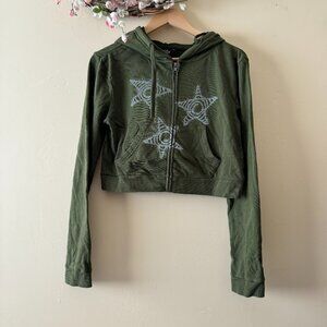Social Collision Crop Hoodie Full Zip Green size M
